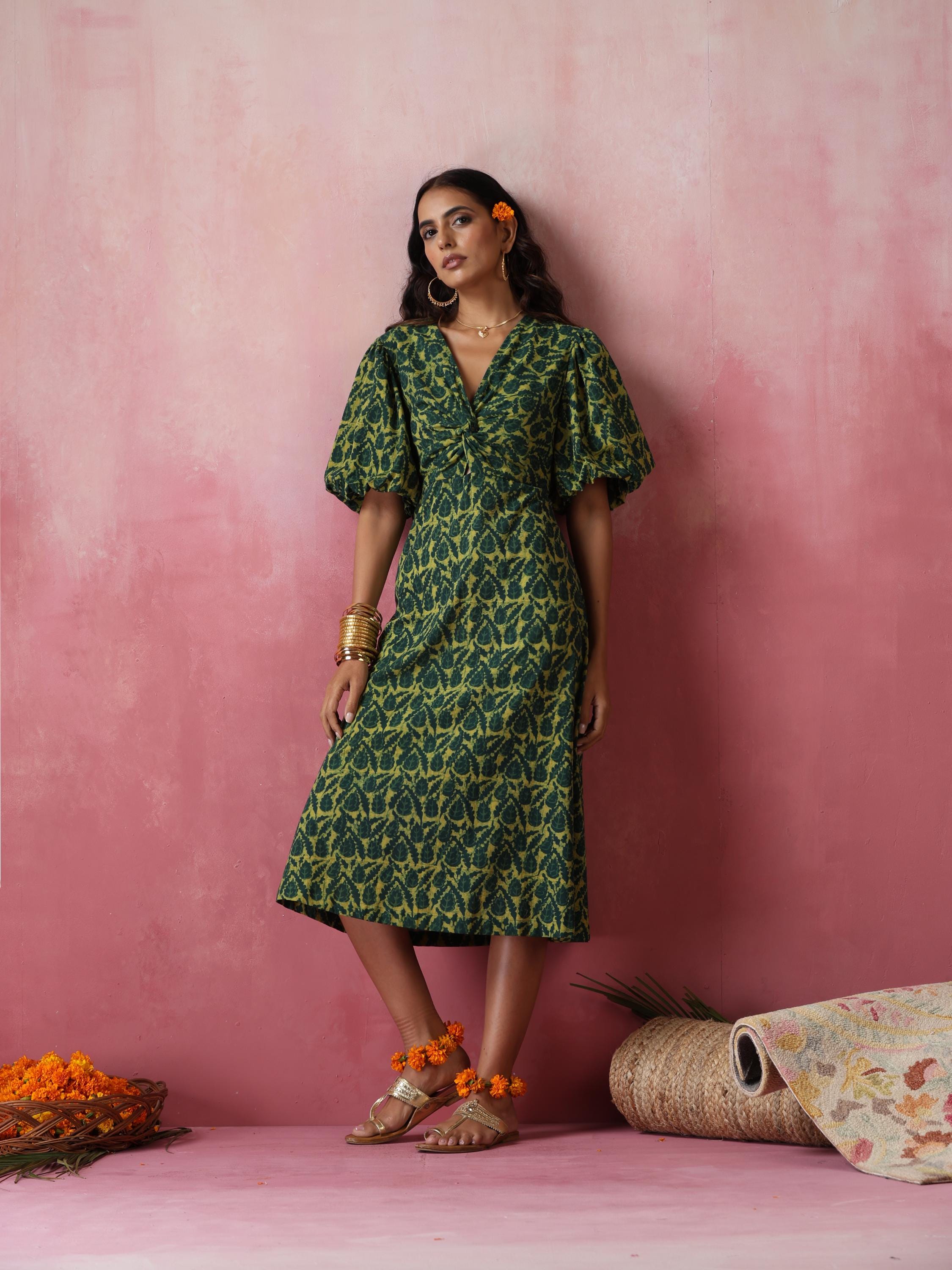 Green floral leaf printed cotton midi dress- block printed Green floral leaf printed cotton midi dress- block printed