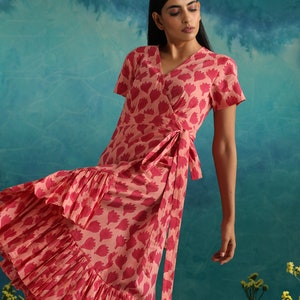 Tiered wrap dress in pink floral block print image 4