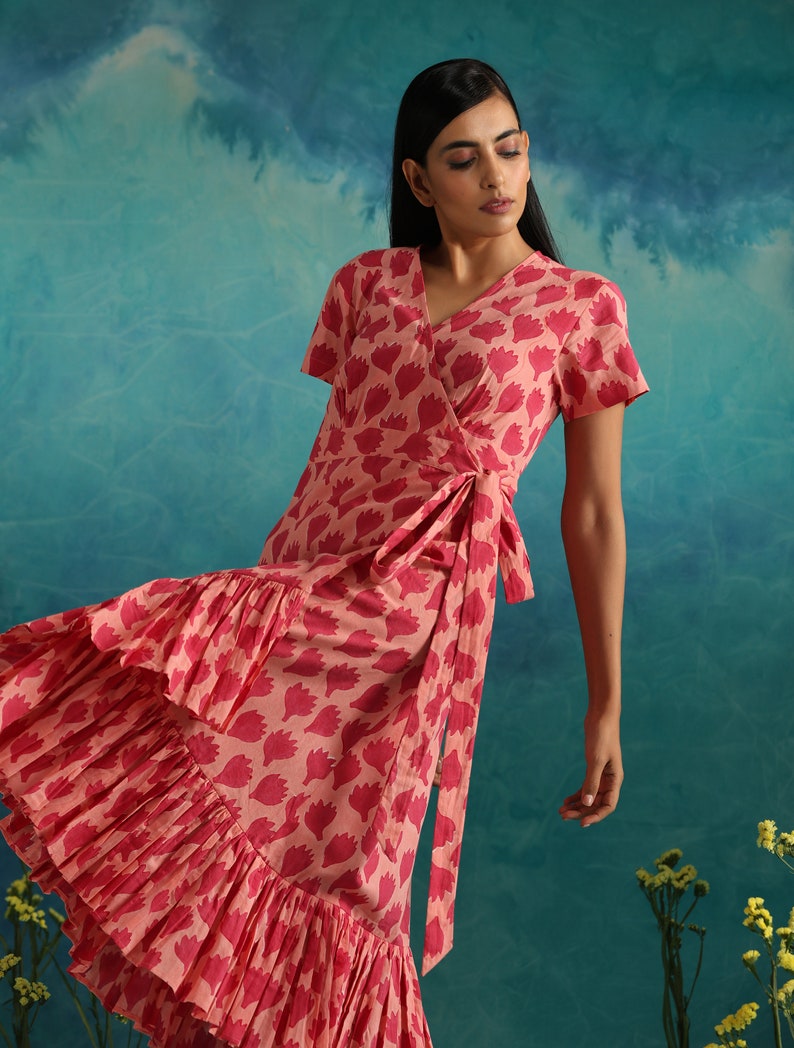 Tiered wrap dress in pink floral block print image 4