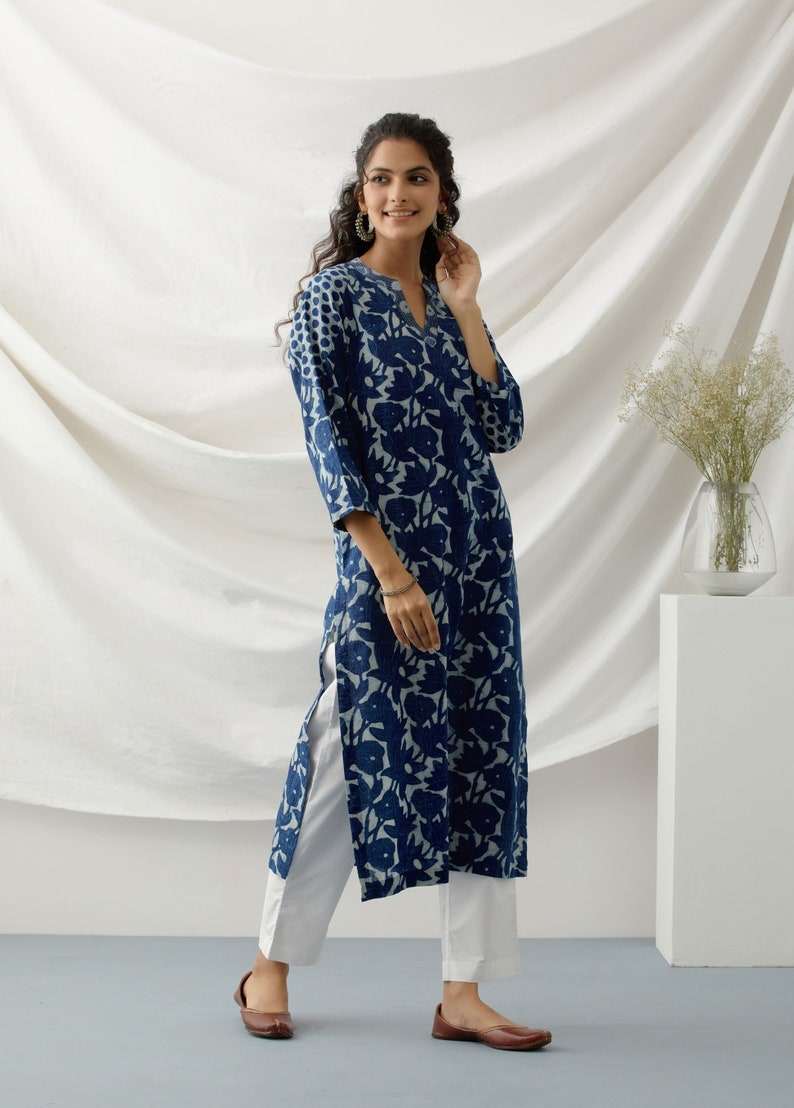 Indigo floral block print tunic zdjęcie 1