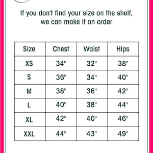 May include: Size chart for clothing with measurements in inches for chest, waist, and hips. Sizes include XS, S, M, L, XL, and XXL.