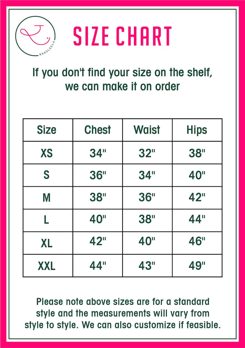 May include: Size chart for clothing with measurements in inches for chest, waist, and hips. Sizes include XS, S, M, L, XL, and XXL.