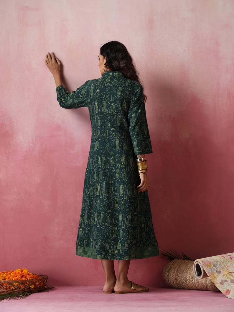 Green Fish Print Cotton Maxi Dress Natural Dye Etsy UK
