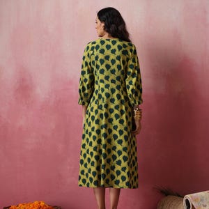 Curved Handblock Print Shirt Dress Green