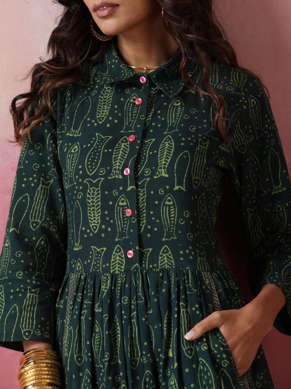 Olive - block print fish dress with upcycled fabric hem S