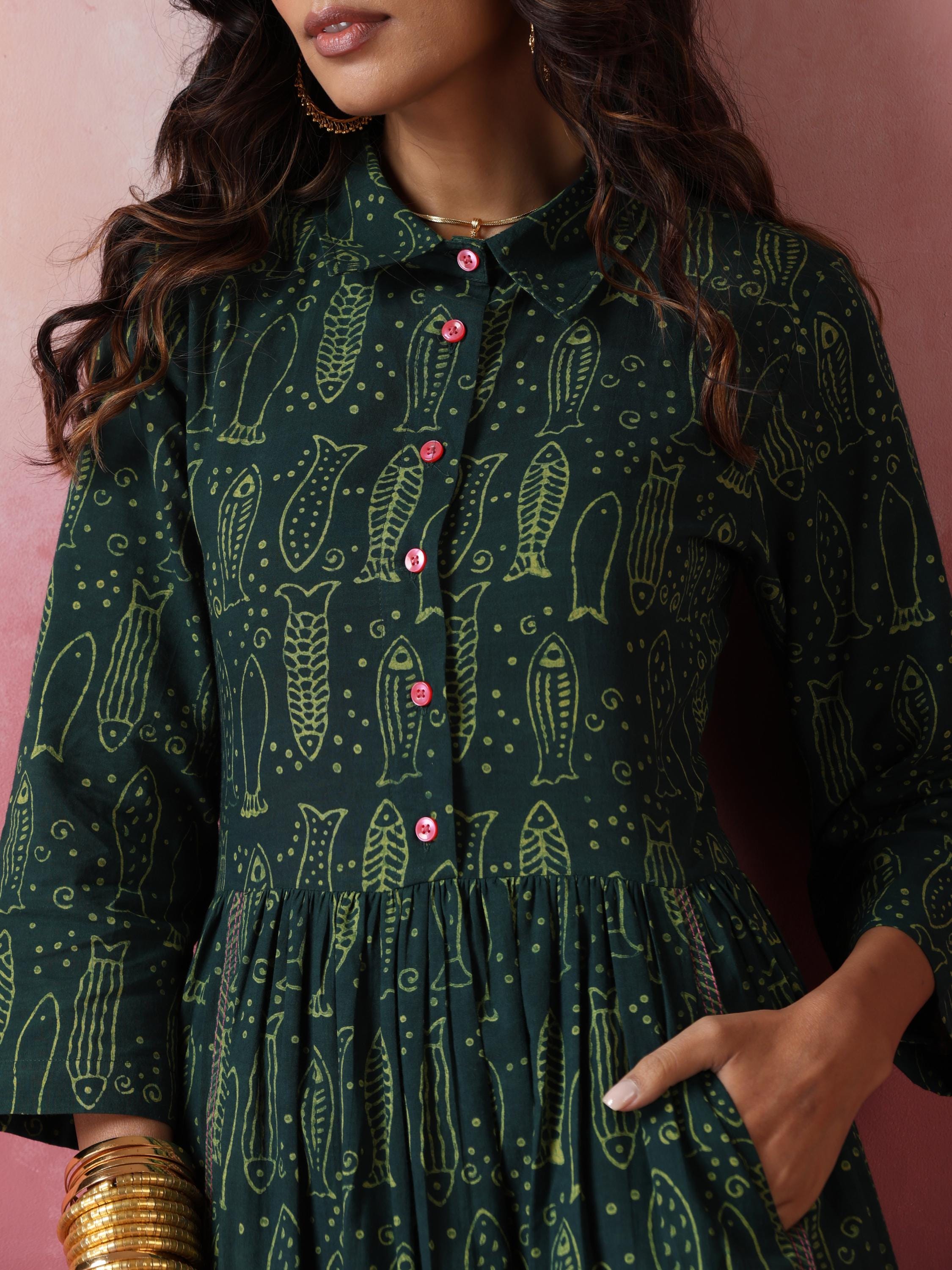 Olive - block print fish dress with upcycled fabric hem S