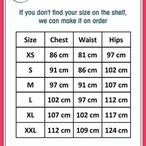 May include: Size chart for clothing with measurements in centimeters for chest, waist, and hips. Sizes include XS, S, M, L, XL, and XXL.