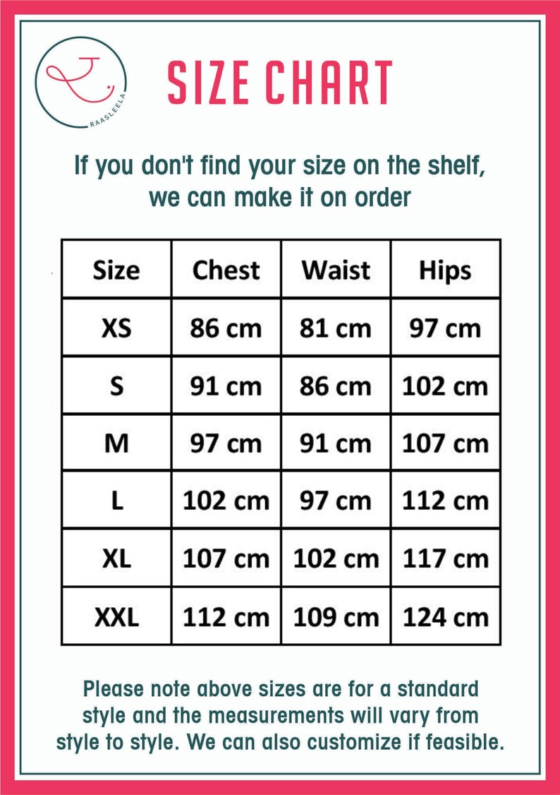 May include: Size chart for clothing with measurements in centimeters for chest, waist, and hips. Sizes include XS, S, M, L, XL, and XXL.