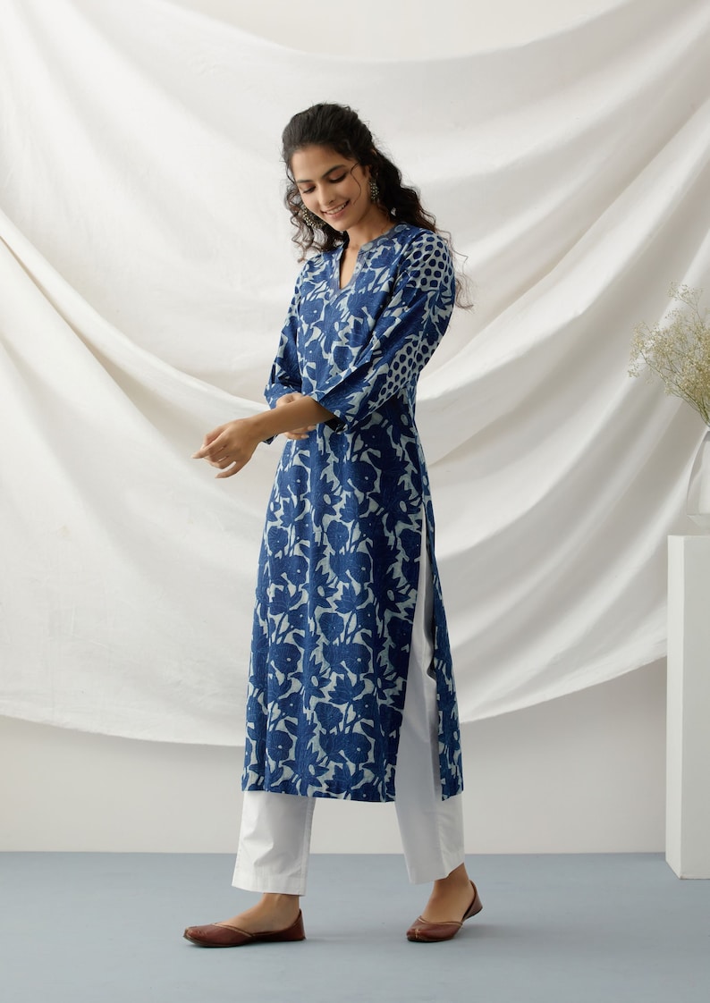 Indigo floral block print tunic zdjęcie 4