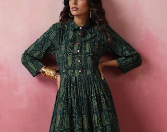 Green fish print cotton maxi dress- natural dye