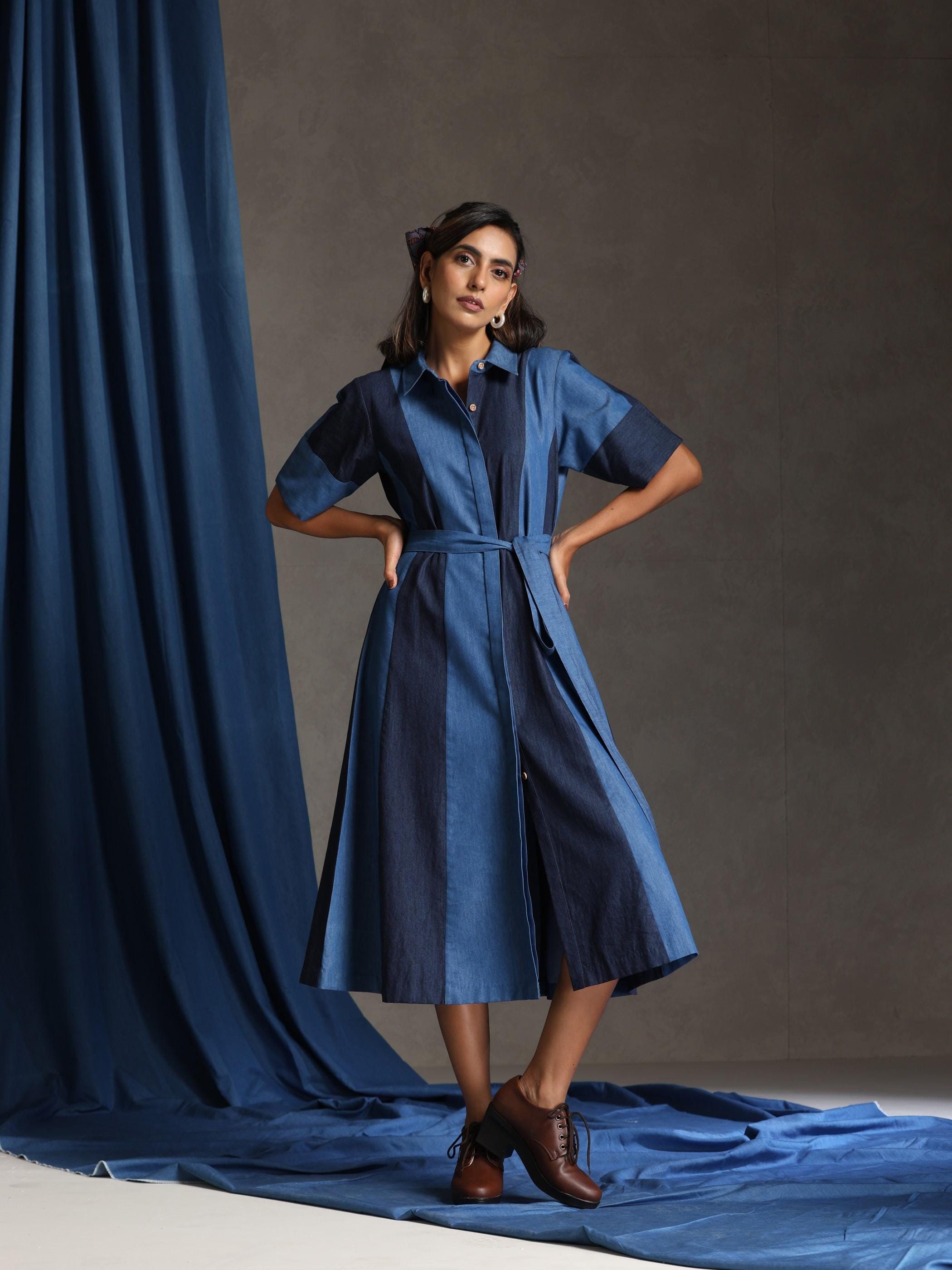 H&m Denim High Low Shirt Dress Blue Denim Embroidered Belted Half Sleeve  Midi Dress Vivian Seven