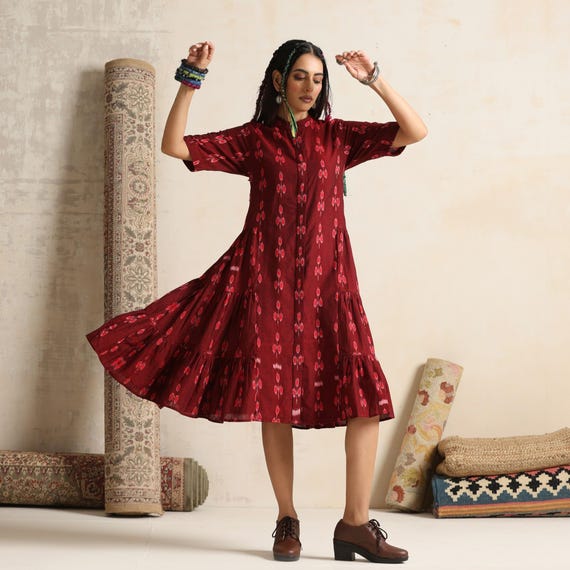 Floral Midi Dress With Big Flare in Handwoven Cotton Ikat - Etsy Israel