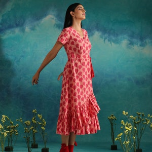 Tiered wrap dress in pink floral block print image 2