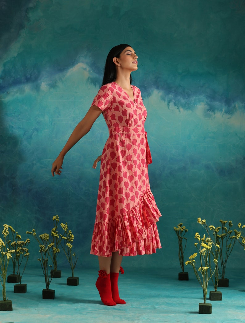 Tiered wrap dress in pink floral block print image 2
