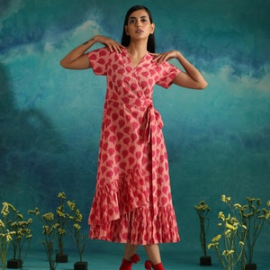 Tiered wrap dress in pink floral block print image 1