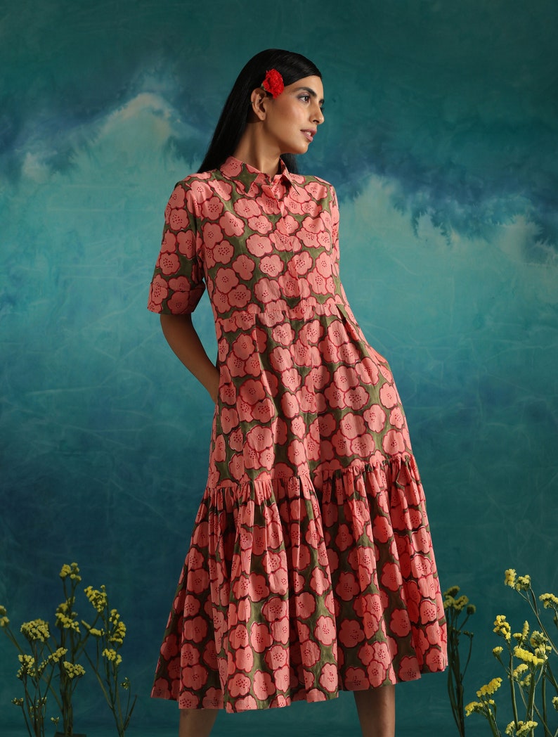Floral block print midi dress with big flare image 1