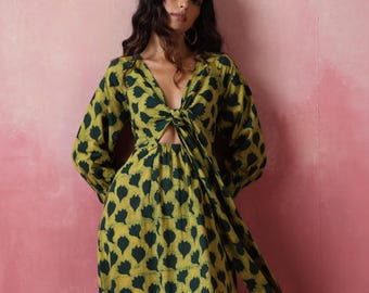 Green floral block printed cotton dress with front wrap