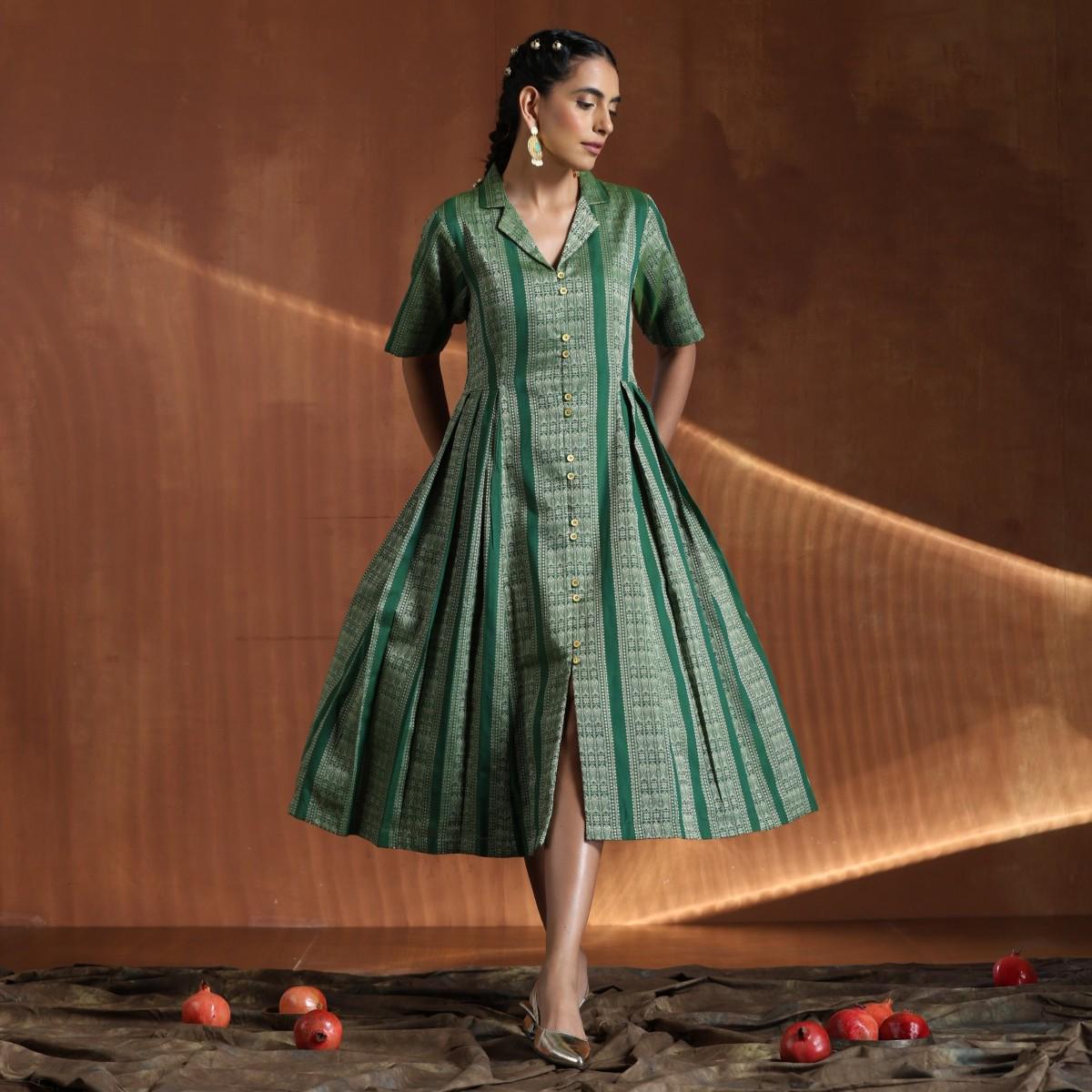 Midi Pleated Fish Print Dress in Emerald Green Color - Handwoven 100% Cotton Ikat