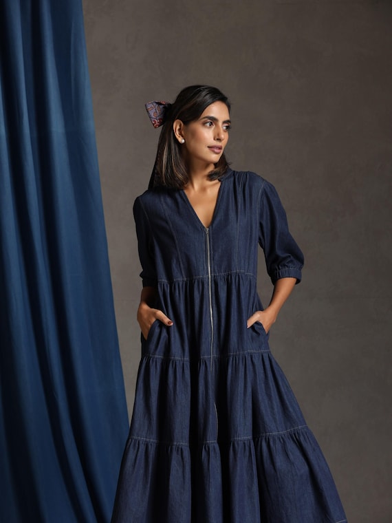 denim layered dress NSLGXD Womens Denim Dresses Fashion Pleated Tiered Dress Short Sleeve Turndown Collar Button Down Jean Dress Loose Fit Flowy Midi Dresses with Pockets