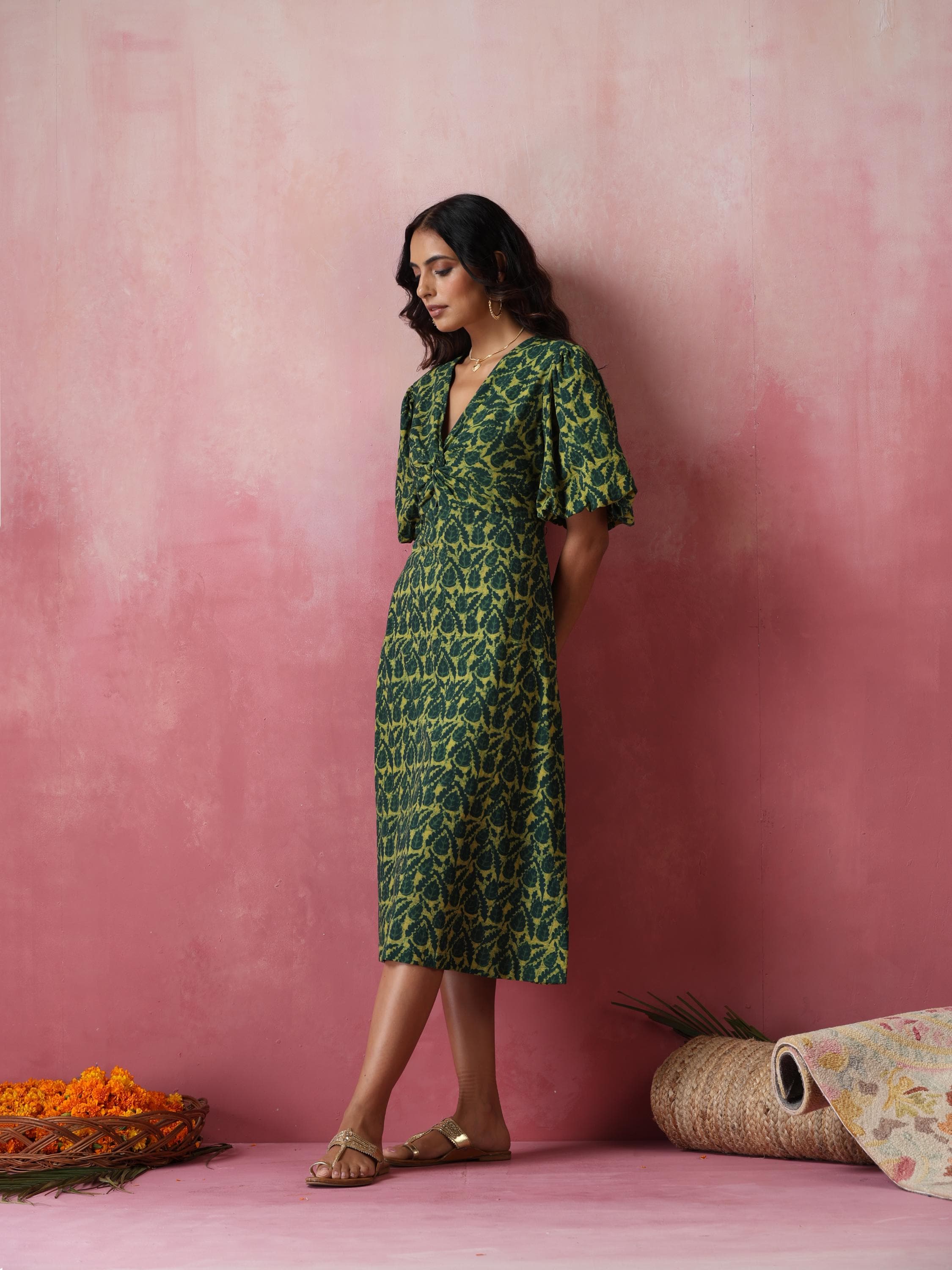 green emerald velvet dress Green Floral Short Sleeve Midi Dress - All Dresses main image 1