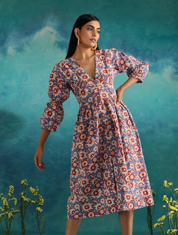 Deep Neck Block Print Floral Dress