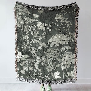 Groene vintage geweven deken met bloemen - 100% katoen - 3 maten beschikbaar