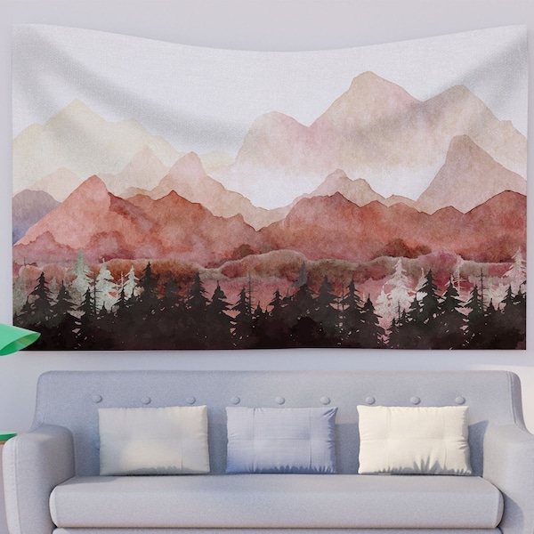 Warm Terracotta Abstract Mountain Tapestry - Statement Wall Hanging for Bedroom - Multiple Sizes Available