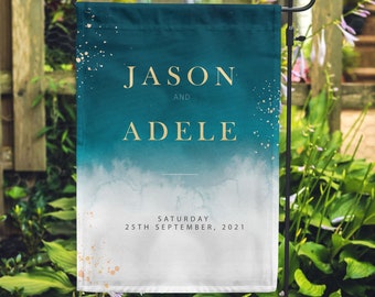 Blaue Ombre Hochzeitsgarten-Flagge: Außenschild