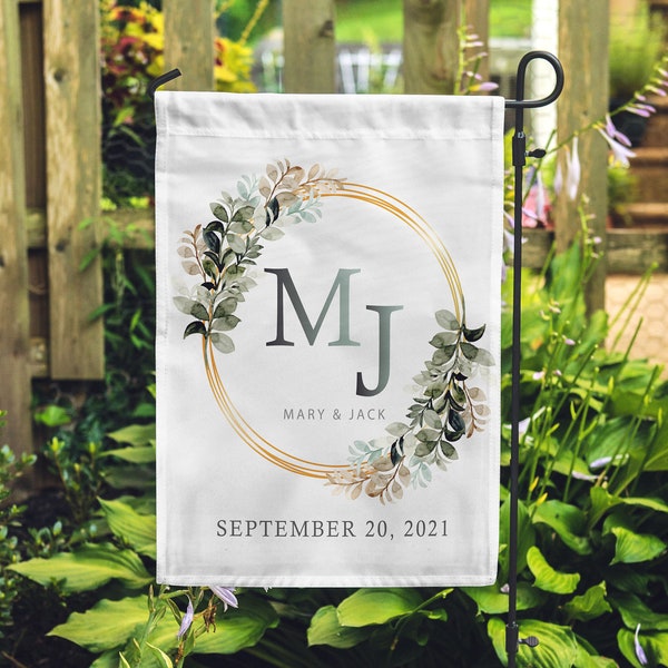 Rustic Monogram Wedding Garden Flag, Reception Welcome Sign, Outdoor Indoor Wedding Decor - Custom Monogram And Names, Dates
