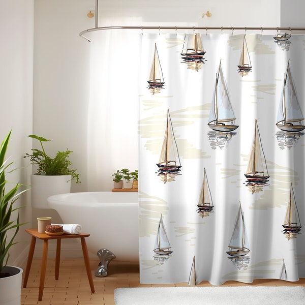 Sailboat Pattern 71x74 Shower Curtain - Nautical Theme Bath Curtain, Beach House Theme Bathroom Decor