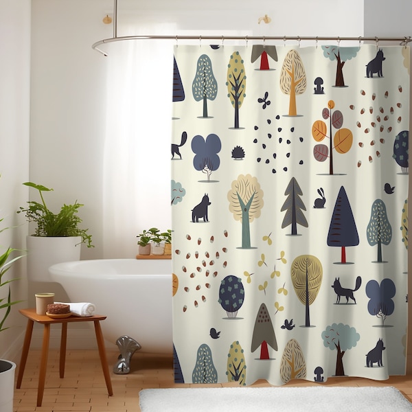 Shower Curtain for Kids Bathroom - Woodland Animals, Gender Neutral Cute Bath Curtain for Children's Bathroom - Kids Decor