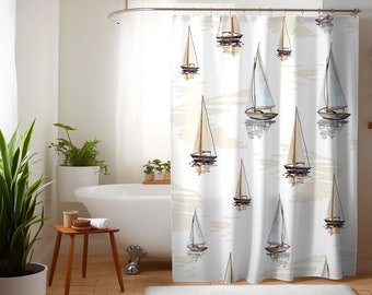 Sailboat Pattern Shower Curtain: Nautical Beach House Bathroom Decor