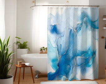 Blue Watercolor Abstract Art Shower Curtain: Glam Bathroom Decor (71x74)