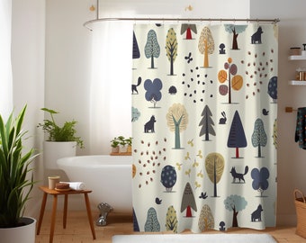 Shower Curtain for Kids Bathroom - Woodland Animals, Gender Neutral Cute Bath Curtain for Children's Bathroom - Kids Decor