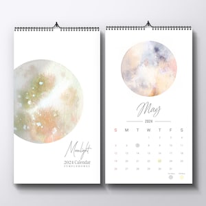 2024 Large Wall Calendar With Moon Phases - New Moon, Full Moon Indicated And Monthly Watercolor Moon Art - Great Housewarming Gift