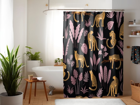 71x74 Tropical Pattern Shower Curtain - Leopard / Botanical Print Bath Curtain - Dark, Colorful Bathroom Decor