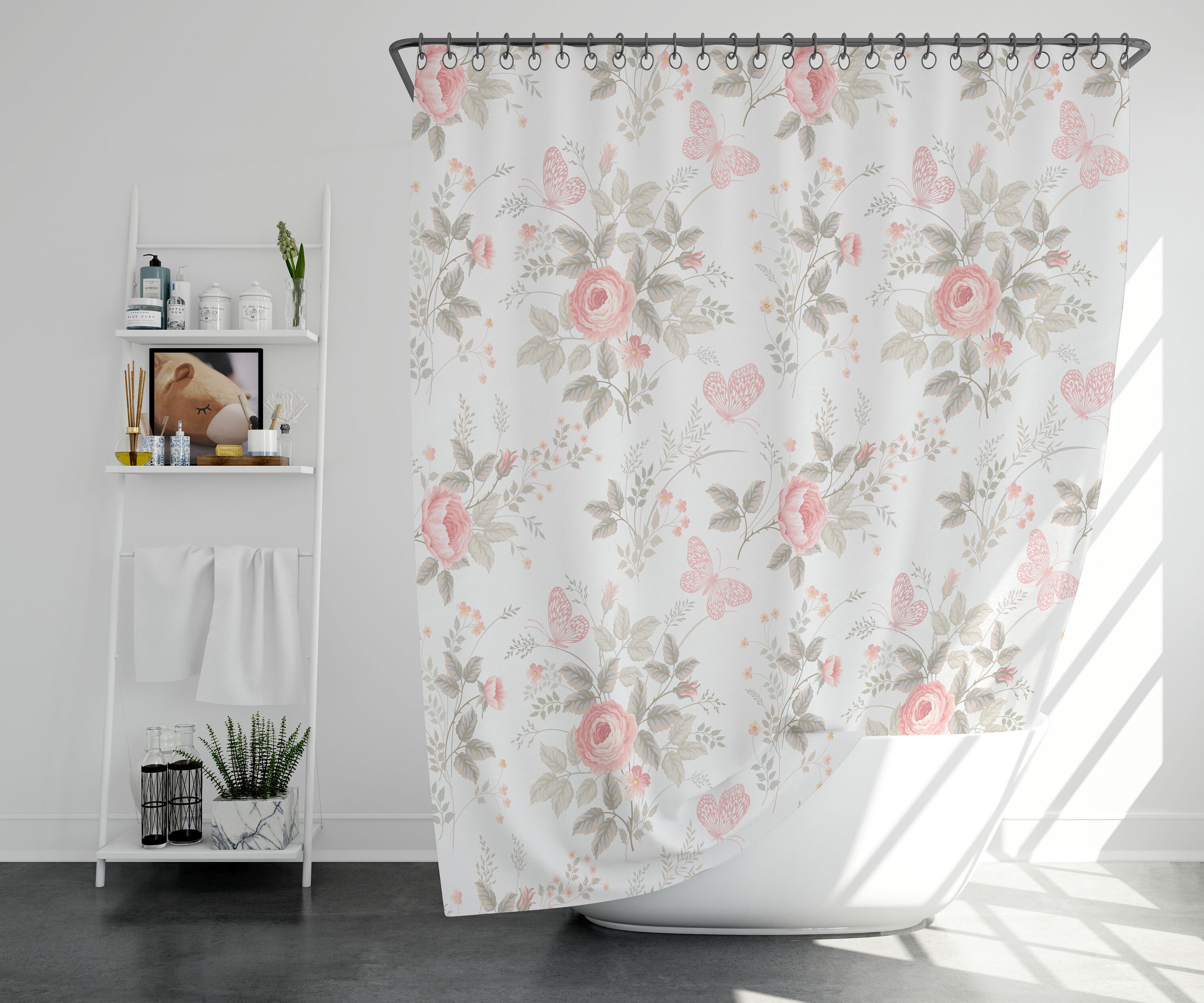 Pink Boho Floral Shower Curtain Rustic Flower Bath Curtain Etsy