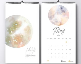 2026 Moon Phase Wall Calendar: Watercolor Moon Art