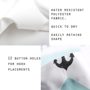 May include: White shower curtain with a blue and white anchor design. The curtain is made of water-resistant polyester fabric and has 12 button holes for hooks. The text "WATER RESISTENT POLYESTER FABRIC. QUICK TO DRY EASILY RETAINS SHAPE" is printed on the curtain.