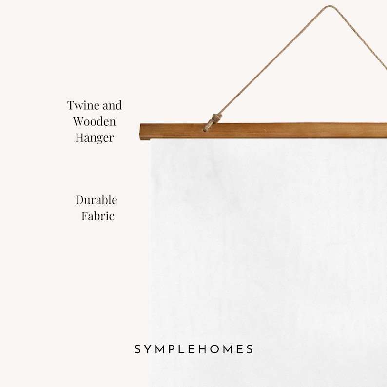 May include: A white fabric wall hanging with a wooden hanger and twine. The text "Twine and Wooden Hanger" and "Durable Fabric" are visible. The brand name "SYMPLEHOMES" is printed at the bottom.