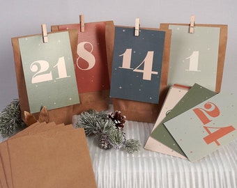 Adventskalender Karten mit Zahlen, Adventskalender zum befüllen für Mann Frau oder Kinder, Adventskalender Postkarten, Tüten und Klammern