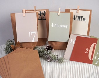 Adventskalender Karten mit Zahlen, Adventskalender zum befüllen für Mann Frau oder Kinder, Adventskalender Postkarten, Tüten und Klammern