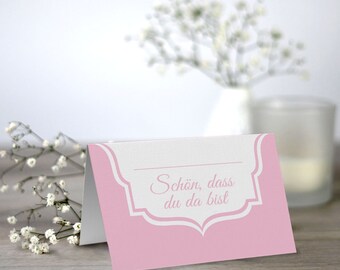 50 Platzkarten Hochzeit, Tischkarten Hochzeit im Format A7, "Schön, dass du da bist"  (DIN A7, Spitze Pink)