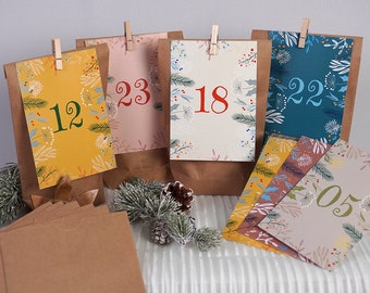 Adventskalender Karten  mit Zahlen, Adventskalender zum befüllen für Mann Frau oder Kinder, Adventskalender Postkarten, Tüten und Klammern