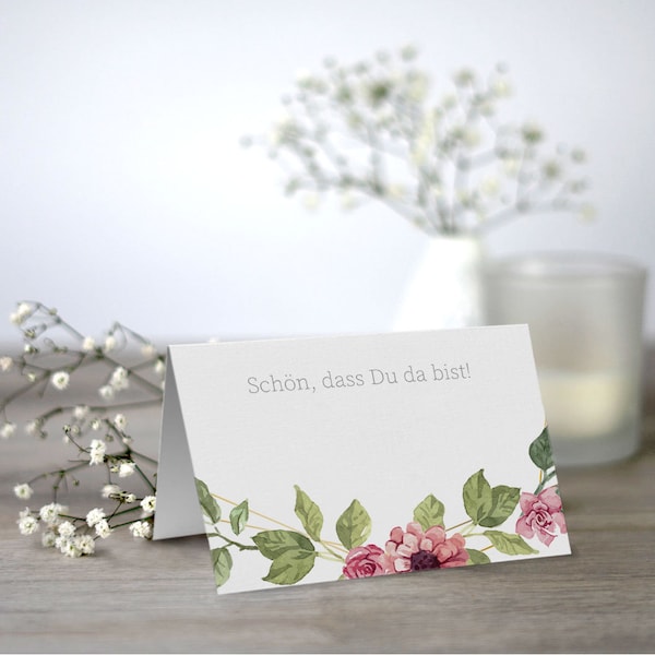 50 Platzkarten Hochzeit, Tischkarten Hochzeit im Format A7, "Schön, dass du da bist"   (Blumen Rosen)