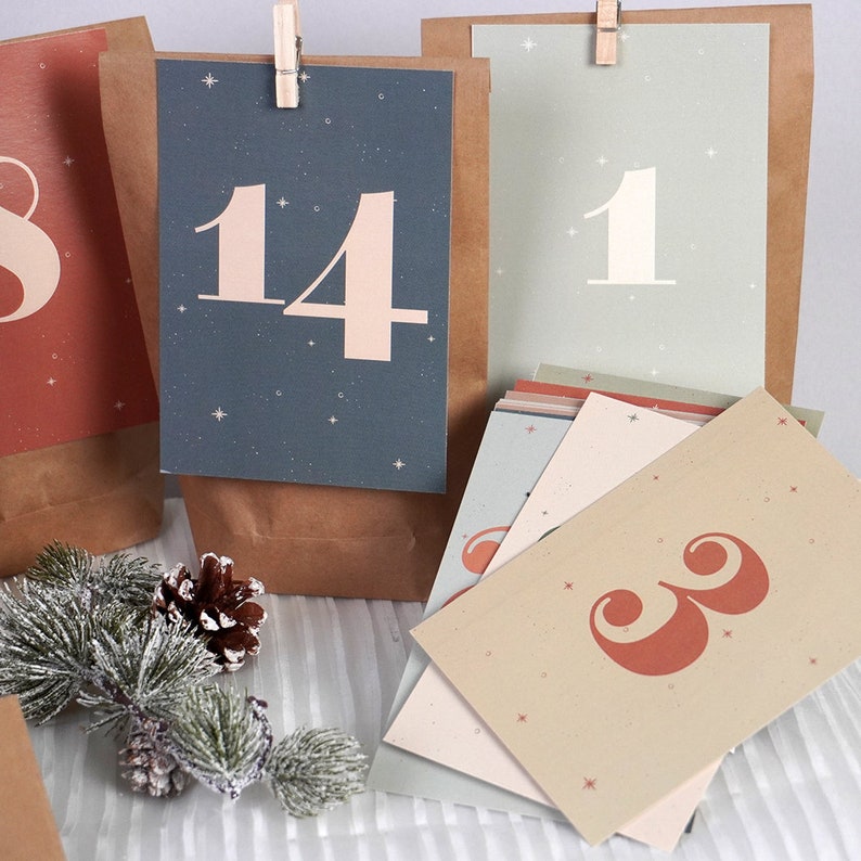 Adventskalender Karten mit Zahlen, Adventskalender zum befüllen für Mann Frau oder Kinder, Adventskalender Postkarten, Tüten und Klammern Bild 2