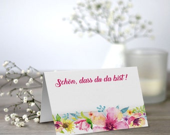 50 Platzkarten Hochzeit, Tischkarten Hochzeit im Format A7, "Schön, dass du da bist"   (DIN A7, Blumen)