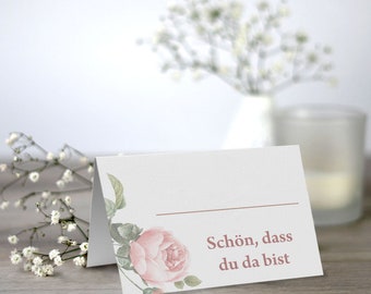 50 Platzkarten Hochzeit, Tischkarten Hochzeit im Format A7, "Schön, dass du da bist"  (DIN A7, Rosenblüte)