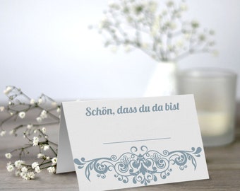 50 Platzkarten Hochzeit, Tischkarten Hochzeit im Format A7, "Schön, dass du da bist"   (DIN A7, Ornament)