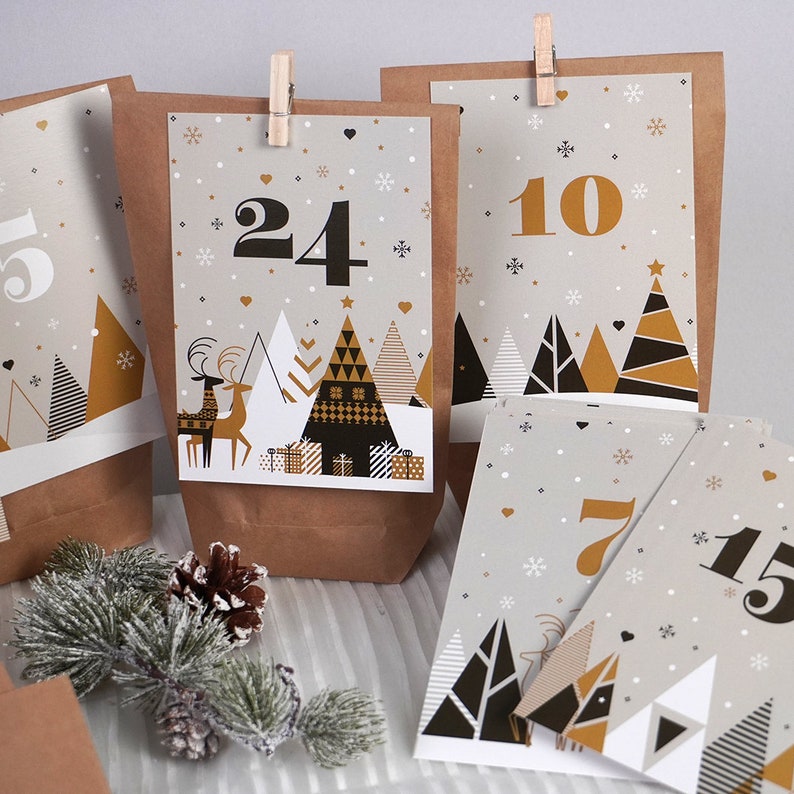 Adventskalender Karten mit Zahlen, Adventskalender zum befüllen für Mann Frau oder Kinder, Adventskalender Postkarten, Tüten und Klammern Bild 4